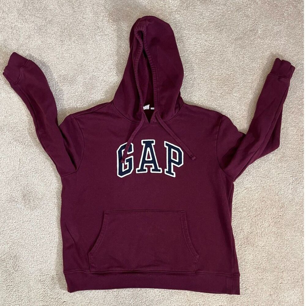GAP Pullover Hoodie Maroon/Burgundy Embroidered Arch Logo Fleece Size Large